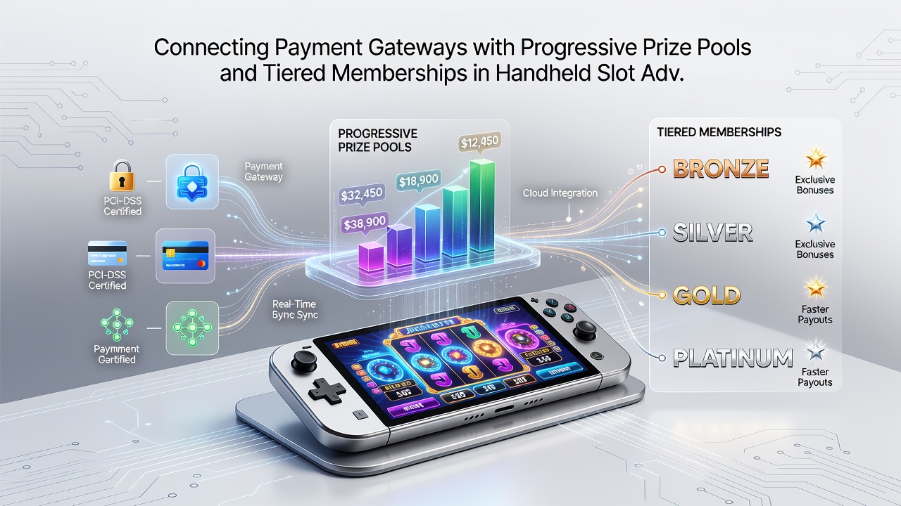 Illustration of tiered membership levels connected to a growing progressive prize pool via payment gateway icons