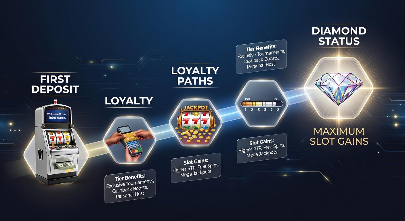 Visual representation of a casino loyalty tier pyramid, showing progression from bronze to diamond levels with slot icons climbing the steps