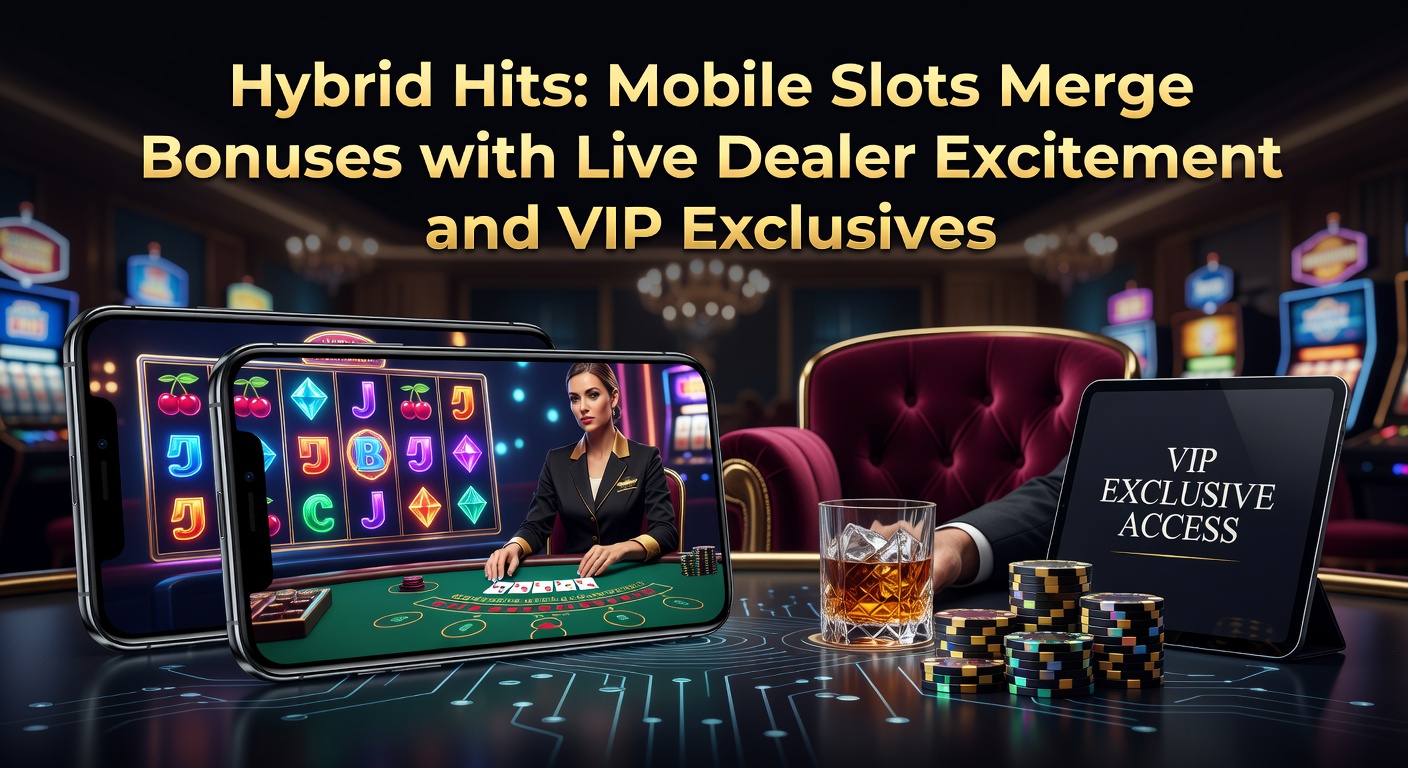 Vibrant mobile slot screen merging with live dealer table, showcasing bonus wheels and VIP badges glowing in neon lights