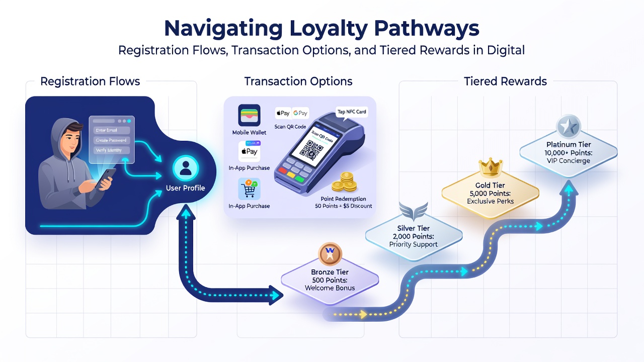 Illustration of tiered loyalty rewards and transaction flow in a slot gaming app