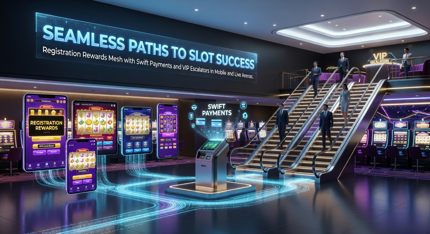 Vibrant mobile slot interface showing registration bonus pop-up alongside quick payment options and VIP progress bar