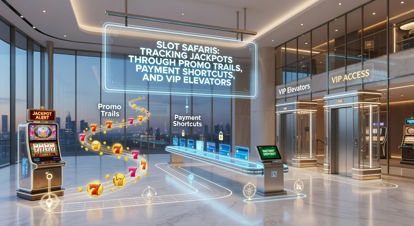 Dynamic graphic of slot safari trail map showing promo icons, fast payment arrows, and VIP elevator shafts leading to jackpot summit