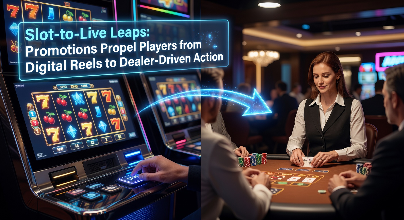 Vibrant online casino interface showing slot reels morphing into a live dealer blackjack table, with promotional banners highlighting bonus transitions