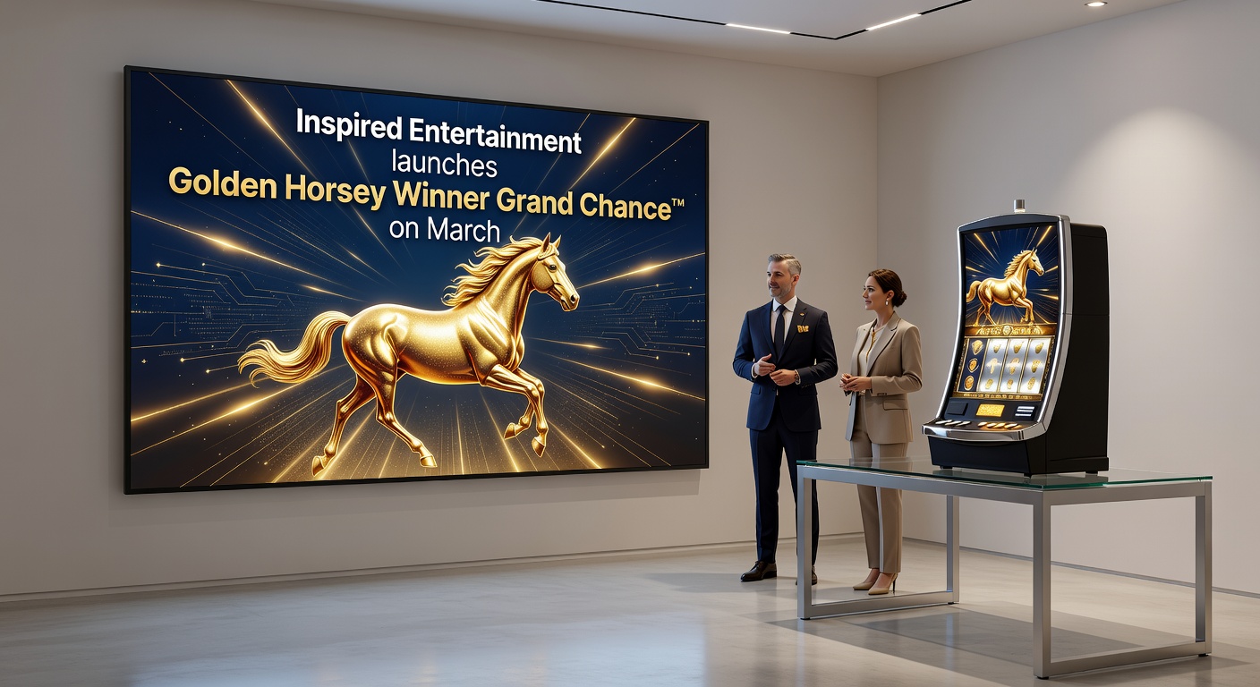 Dynamic slot machine cabinet displaying Golden Horsey Winner Grand Chance™ in a bustling UK retail gaming venue, highlighting jackpot displays and player interaction