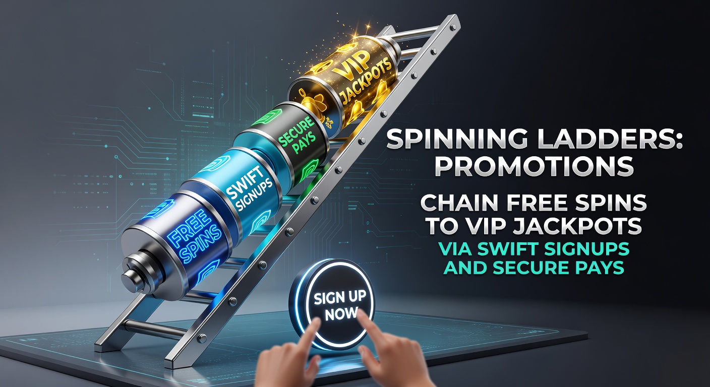 Dynamic graphic showing a chain of free spins transforming into golden VIP jackpot symbols, with swift signup forms and padlock-secured payment flows weaving through a ladder structure
