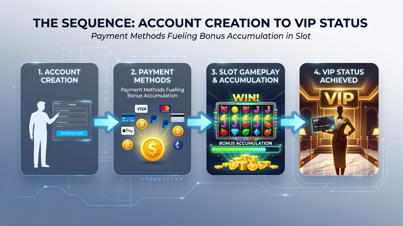 Visual representation of VIP tier progression ladder with payment icons and accumulating bonus symbols
