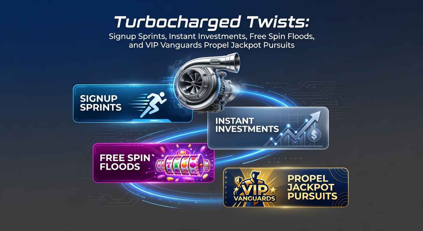Dynamic graphic showing swirling slot reels with speed lines, bonus icons exploding outward, and jackpot meters climbing rapidly amid vibrant casino lights
