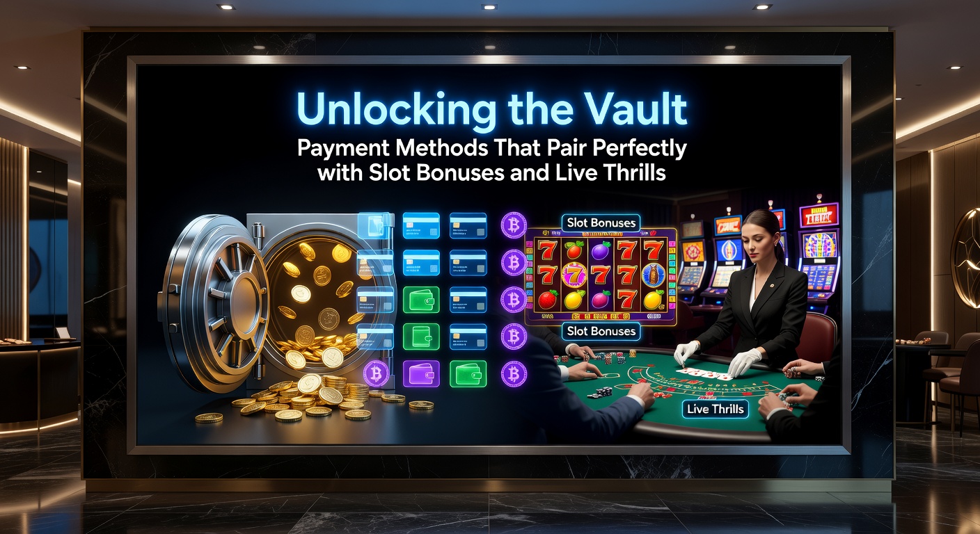 Dynamic split image showing e-wallet apps on one side merging into live dealer tables and slot bonus explosions on the other, illustrating perfect payment-gameplay integration